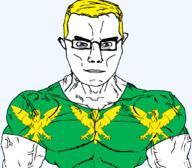 animal arm bird blue_eyes british buff caernarfonshire closed_mouth clothes eagle ear flag flag:caernarfonshire glasses hair soyjak subvariant:chudjak_front subvariant:muscular_chud trend:aryan tshirt united_kingdom variant:chudjak vein wales yellow_hair // 1059x929 // 146.6KB