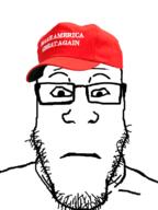 closed_mouth clothes front_facing glasses hat maga maga_hat neutral soyjak stubble subvariant:neutralplier variant:markiplier_soyjak // 600x800 // 73.5KB