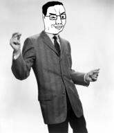 arm buddy_holly closed_mouth clothes glasses hair hand music smile smug soyjak suit variant:chudjak // 1200x1400 // 1.1MB