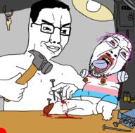 2soyjaks ack bloodshot_eyes crying flag glasses gore gynaecomastia hair hammer hand holding_hammer holding_object key meta:pornographic_content nsfw open_mouth penis purple_hair smug soyjak stubble tongue torture tranny variant:bernd variant:chudjak yellow_teeth // 500x493 // 152.0KB