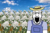 arm clothes farmer flower giant_hogweed hat irl_background leaf open_mouth plant sky soyjak stubble variant:markiplier_soyjak // 2250x1500 // 2.4MB