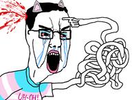 arm blood bloodshot_eyes cat_ear clothes crying ext flag glasses hair hand makeup open_mouth shot soyjak tranny tshirt variant:chudjak // 1357x1027 // 59.2KB