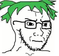 4chan anime closed_mouth concerned frown glasses green_hair hair soyjak stubble subvariant:soyak_(irritated) variant:soyak yotsoyba // 570x538 // 273.9KB