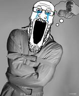 crying gigachad glasses irl irl_background schizo soyjak stretched_mouth stubble text thought_bubble variant:markiplier_soyjak // 1080x1317 // 423.6KB