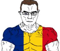 angry blue_eyes brown_hair buff closed_mouth country ear flag glasses hair romania soyjak subvariant:chudjak_front subvariant:muscular_chud variant:chudjak vein // 840x712 // 67.3KB