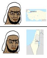 2soyjaks angry arab beard brown_skin closed constantinople country glasses islam israel istanbul jerusalem keffiyeh map mouth palestine smile smug turkiye unibrow variant:chudjak // 1122x1374 // 152.2KB