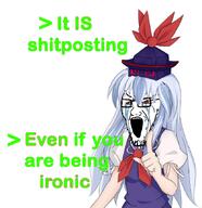 anime arm bloodshot_eyes clothes crying female glasses greentext hair hand hat kamishirasawa_keine open_mouth pointing pointing_up soyjak stretched_mouth stubble text touhou variant:soyak video_game // 831x858 // 2.0MB