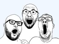 3soyjaks ear glasses hair hand meta:tagme open_mouth series:trios_&_duos soyjak soyjak_trio2 stubble transparent_background variant:cirrus variant:hot_sauce variant:reaction_soyjak // 1497x1119 // 131.6KB