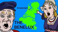 amsterdam belgium benelux blue_eyes clothes country dress europe female hat luxembourg map netherlands open_mouth pointing thumbnail variant:two_pointing_soyjaks welcome_to wow_mao yellow_hair // 1080x602 // 205.8KB