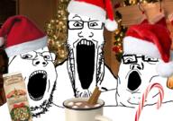 3soyjaks candy christmas clothes crackers food glasses hat incomprehensible_woahjack irl_background open_mouth santa santa_hat soyjak soyjak_trio stretched_mouth stubble variant:gapejak variant:markiplier_soyjak variant:tony_soprano_soyjak // 828x581 // 592.3KB