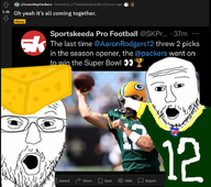 2soyjaks aaron_rodgers american_football bald cheese cheese_hat downvote eyebrows eyes football forehead_lines glasses green_bay_packers head helmet human irl irl_background jersey looking_at_you male national_football_league nfl nose open_mouth pads pointing reddit sportskeeda stubble twitter upvote variant:two_pointing_soyjaks white_skin wrinkles xitter // 749x664 // 467.7KB