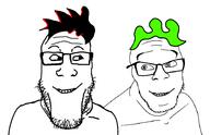 2soyjaks closed_mouth glasses green_hair hair looking_at_each_other smile soyjak stubble variant:feraljak variant:markiplier_soyjak // 2607x1690 // 225.5KB