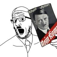 glasses hand hitler_mustache mein_kampf open_mouth soyjak stubble variant:comicjak // 400x400 // 118.3KB