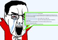 angry arm bloodshot_eyes clothes crying glasses hair hand hands_up lolkek meta nazism open_mouth soybooru soyjak speech_bubble swastika text tshirt variant:chudjak // 1000x700 // 234.3KB