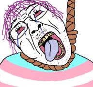 acne cheeks dead eyebrows glasses hair hanging lgbt mustache noose nose open_mouth purple_hair rope suicide tongue tranny transgender_flag variant:bernd yellow_teeth // 768x718 // 128.7KB