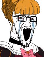 anime beatrice bloodshot_eyes bowtie choker clothes crying glasses open_mouth soyjak stubble umineko variant:soyak video_game yellow_hair // 785x1000 // 244.5KB