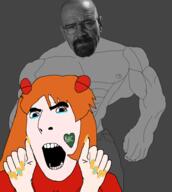 anime bald beard blue_eyes breaking_bad bryan_cranston buff clothes facial_mark glasses hair hair_ornament heart interface_headset long_hair neon_genesis_evangelion nipple open_mouth orange_hair painted_nails shirtless souryuu_asuka_langley soyjak subvariant:slutson tattoo variant:cobson walter_white // 859x960 // 219.4KB