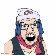 angry animated anime blue_eyes blue_hair bouncing clothes dawn female girl glasses hat hikari japanese_text nintendo pokemon pokemon_dppt poyopoyo scarf sinnoh soyjak stubble text variant:feraljak video_game white_skin // 400x400 // 500.7KB