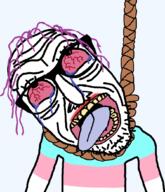 bloodshot_eyes crying dead glasses hanging open_mouth rope stubble tongue tranny transgender_flag variant:rickjak yellow_teeth // 895x1043 // 64.6KB
