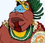 aztec aztlan big_lips brown_skin closed_mouth emerald face_paint fat feather gold jewel mexico obese shield soyjak stubble variant:meximutt // 888x849 // 265.0KB
