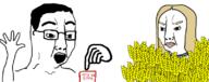 2soyjaks angry animated arm button female glasses hair hand hands_up open_mouth soyjak subvariant:female_chudjak subvariant:trad_wife tits_or_gtfo variant:chudjak wheat wheat_field yellow_hair // 800x317 // 80.7KB