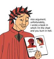 angry arm bloodshot_eyes book classical_art_parody closed clothes crying dante divine_comedy glasses hand hat holding_book holding_object laurel literature medieval mouth nordic_chad open_mouth portrayed_as_the_soyjak raised_eyebrow smile smug soyjak stretched_mouth stubble text thick_eyebrows variant:chudjak variant:soyak // 557x604 // 272.3KB