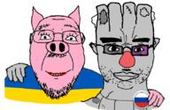 2soyjaks animal black_eye chud_troon_alliance closed_mouth clothes ear friendship glasses hand hohol mustache pig russia russo_ukrainian_war smile soyjak stubble subvariant:chudjak_front ukraine variant:bernd variant:chudjak vatnik // 834x541 // 179.9KB
