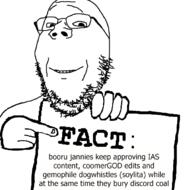 fact glasses hand holding_object janny pointing protest sign smile soybooru soyjak stubble text variant:gapejak // 673x667 // 75.3KB