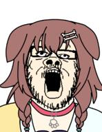 anime bone brown_hair clothes dog female glasses hair hololive inugami_korone mustache necklace open_mouth ornament soyjak stubble variant:a24_slowburn_soyjak vtuber white_skin // 612x792 // 65.6KB