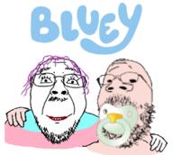 2soyjaks baby bluey closed_mouth clothes flag flag:transgender_pride_flag friendship glasses hair hand happy lipstick logo makeup mustache pacifier purple_hair small_eyes smile soyjak stubble teeth text tranny transgender_flag variant:bernd variant:gapejak white_skin // 834x746 // 429.0KB