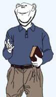 arm belt belt_buckle blue_shirt book brown_pants ear full_body hand holding_book jehovas_witnesses soyjak stubble // 622x1064 // 28.2KB