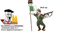 algeria baguette berber beret bloodshot_eyes bread brown_eyes bulge clothes crying firearm flag:algeria france gigachad glass glasses gun hat large_eyebrows mustache open_mouth scarf smg soyjak stretched_mouth stubble text thompson_submachine_gun variant:soyak variant:wojak wine // 1128x633 // 55.2KB