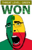 ahegao benin country emerald flag flag:benin gem glasses green green_eyes hair looking_up open_mouth schlog_color_event soyjak soyjak_blog stubble teeth text threat_level_green variant:cobson won // 721x1115 // 138.6KB