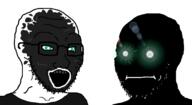 2soyjaks artist:hellcat bald black_shirt black_skin blackface closed_mouth clothes face_paint forehead_lines forehead_wrinkles glasses glowing_eyes green_eyes lens_flare open_mouth racism soyjak stubble thougher variant:soyak // 1452x796 // 152.0KB
