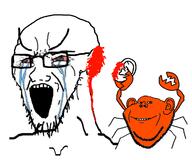 2soyjaks blood bloodshot_eyes crab crying ear ear_removal full_body glasses open_mouth orange_skin smile soyjak stretched_mouth stubble variant:impish_soyak_ears variant:soyak // 1200x1000 // 340.0KB