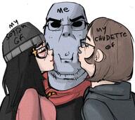 artist:zarzour bald brown_hair chudette closed_eyes closed_mouth femjak glasses hair kiss kissing rule_63 smooch subvariant:hornyson trio variant:chudjak variant:cobson variant:soytan // 688x614 // 812.7KB