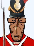 angry bayonet beard british brown_bess brown_skin crying european glasses half_open_mouth musket mutt red_eyes redcoat shako_hat shitskin subvariant:euromutt sweater united_kingdom variant:markiplier_soyjak // 594x797 // 364.8KB