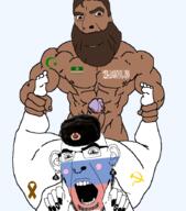 2soyjaks beard brown_hair brown_skin chechnya clothes communism flag full_body glasses hair hammer_and_sickle hand hat islam leg looking_at_you nsfw open_mouth penis rape ribbon ribbon_of_saint_george russia sex smile smug soyjak variant:cobson z_(russian_symbol) // 788x893 // 180.8KB
