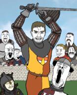 armor beard blue_eyes chainmail closed_eyes closed_mouth clothes crying ear hair helmet holding_object kingdom_come_deliverance meta:tagme moustache open_eyes open_mouth pointing red_eyes shield smile stubble subvariant:chudjak_front sword teeth variant:chudjak variant:gapejak variant:markiplier_soyjak variant:soyak video_game // 1952x2400 // 4.1MB