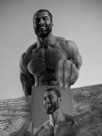 arm beard black_hair buff ear eyebrows gigachad gray_background gray_skin hair hand holding_object meta:not_oc muscles muscular_male nas:gigachad neck nose paper photo showing_something smile table teeth variant:bartender