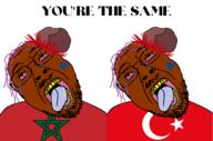 2soyjaks blood bloodshot_eyes boylover_symbol brown_skin clothes concrete country crescent crying earthquake flag flag:morocco flag:turkiye glasses meta:tagme morocco open_mouth pedophile purple_hair rapists rubble soyjak star_(symbol) star_and_crescent stubble taqiyah teeth text tongue turk turkiye variant:bernd yellow_teeth you're_the_same // 1537x1020 // 210.0KB
