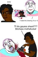 black_skin blood bloodshot_eyes chainsaw crying holding_chainsaw holding_object holding_phone subvariant:chainsaw_bernd tranny tranny_artstyle variant:bernd variant:chudjak yellow_sclera // 1660x2460 // 1.4MB