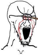 blood crying glasses large_eyebrows one_eye open_mouth soyjak stretched_mouth stubble variant:soyak // 413x600 // 98.9KB