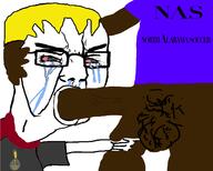 angry arm badge bbc bloodshot_eyes blowjob clothes crying glasses hair hand meta:pornographic_content nate negro north_alabama_soccer nsfw open_mouth penis pointing soot_colors soyjak soyjak_party text tshirt tyrone variant:chudjak yellow_hair // 1284x1027 // 369.3KB