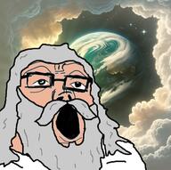 beard clothes cloud drawn_background earth glasses god grey_hair long_hair mustache open_mouth soyjak variant:tony_soprano_soyjak // 659x654 // 248.3KB