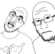 2soyjaks arm closed_mouth glasses hand jacksepticeye markiplier mustache open_mouth soyjak stubble variant:markiplier_soyjak variant:unknown // 600x590 // 113.2KB