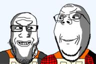 2soyjaks are_you_soying_what_im_soying clothes evil glasses grin looking_at_each_other ominous postal redneck smile soyjak stubble variant:gapejak variant:markiplier_soyjak // 1200x800 // 91.8KB