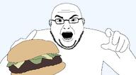 angry bald beard clothes fat fattv food glasses hamburger looking_at_you open_mouth soyjak stubble variant:burgerjak // 1242x691 // 19.1KB