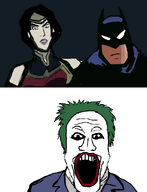 1soyjaks armor batman blue_eyes cartoon clown costume female hair joker_(dc) justice_league male superhero variant:markiplier_soyjak white_skin wonder_woman // 465x606 // 83.6KB
