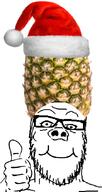 clothes food fruit glasses hand hat pineapple santa santa_hat smile soyjak stubble thumbs_up variant:a24_slowburn_soyjak // 450x848 // 245.7KB